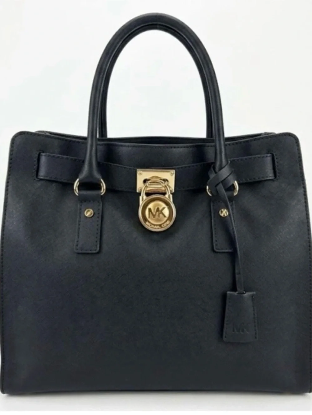Michael Kors Black Leather Structured Satchel with Gold Hardware